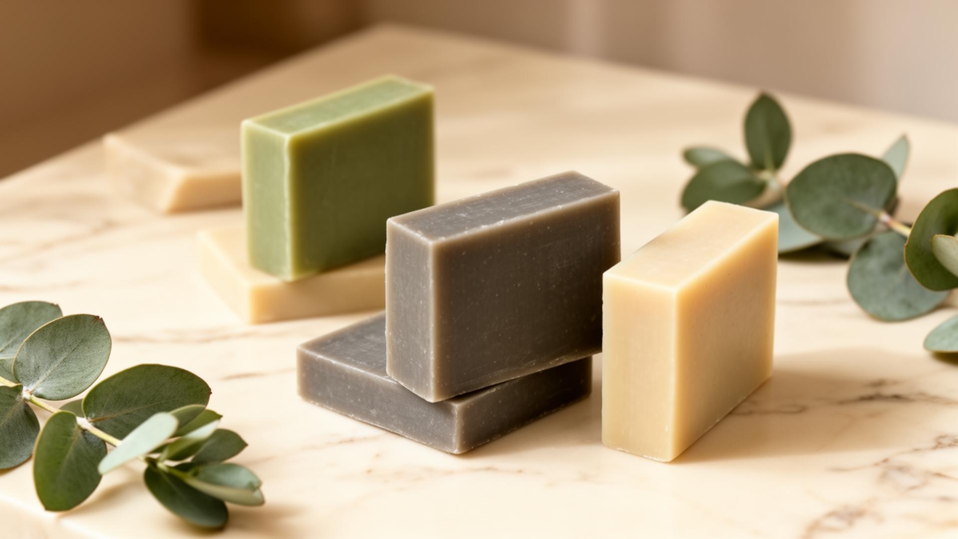 Handcrafted organic soap bars on marble
